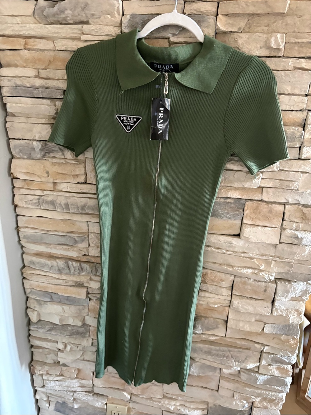 Prada Olive Ribbed Zip Polo Dress